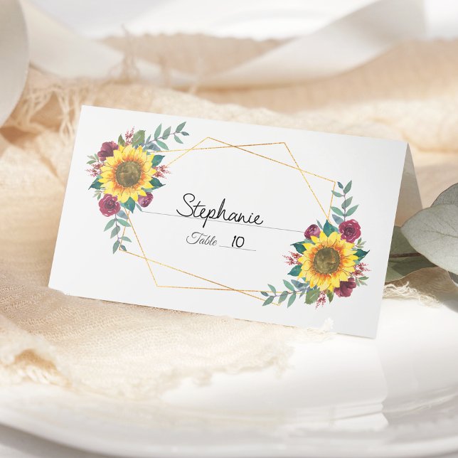 Sunflower Burgundy Floral Geometric Wedding Place Card (Creator Uploaded)