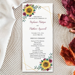 Sunflower Burgundy Floral Geometric Wedding Programme