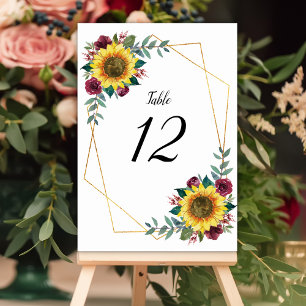 Sunflower Burgundy Floral Geometric Wedding Table Number