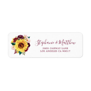 Sunflower Burgundy Floral Script Wedding Address