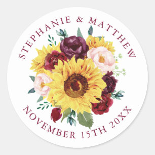 Sunflower Burgundy Floral Wedding Classic Round Sticker