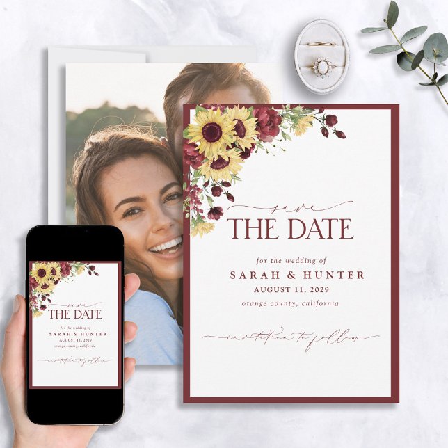 Sunflower Burgundy Floral Wedding Save The Date (Creator Uploaded)