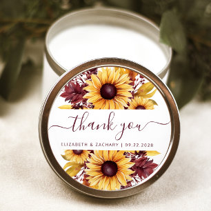 Sunflower Burgundy Floral Wedding Thank You Classic Round Sticker
