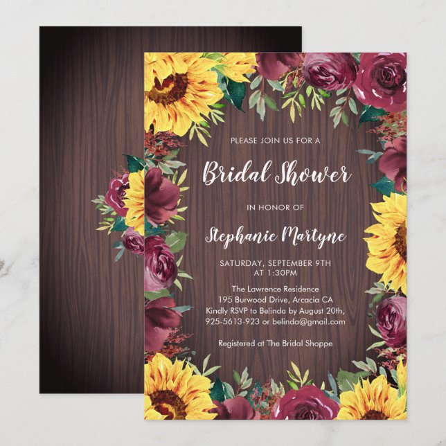 Sunflower Burgundy Floral Wood Bridal Shower Invitation (Front/Back)
