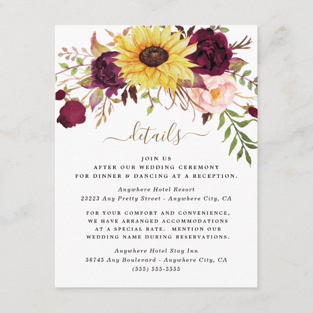 Sunflower Burgundy Gold Blush Peony Rose Wedding Enclosure Card (Front)