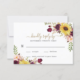 Sunflower Burgundy Gold Blush Peony Rose Wedding RSVP Card