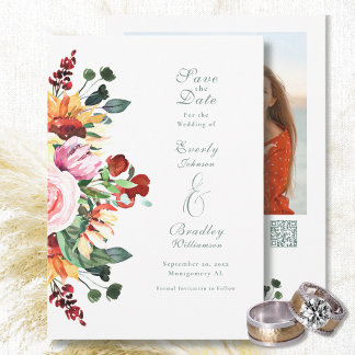 Sunflower Burgundy Green Save the Date Wedding Invitation