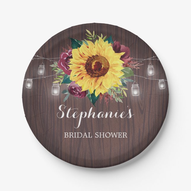 Sunflower Burgundy Jars Wood Bridal Shower Paper Plate (Front)