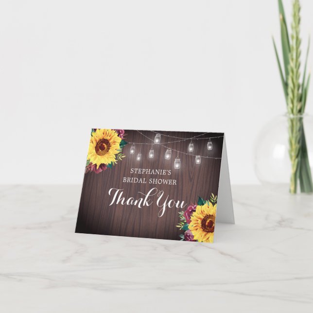 Sunflower Burgundy Jars Wood Bridal Shower Thanks Thank You Card (Front)