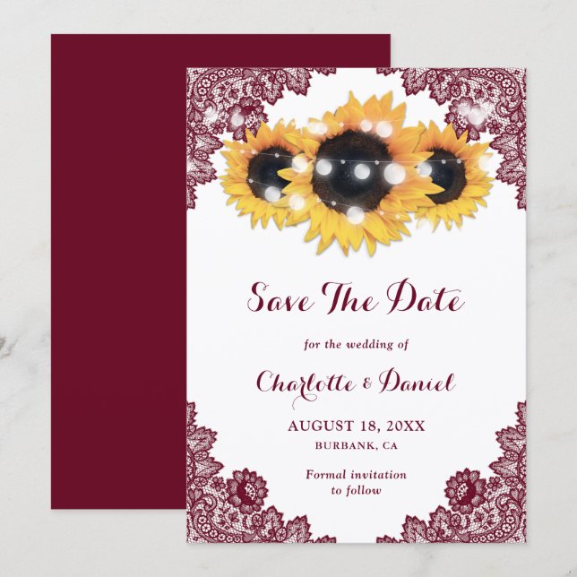 Sunflower Burgundy Lace Wedding Save The Date (Front/Back)