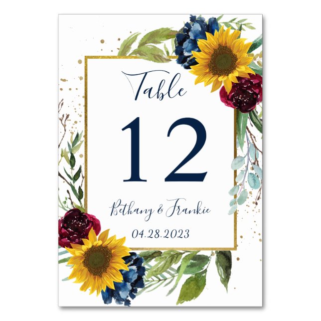 Sunflower Burgundy Navy Blue Floral Table Number (Front)