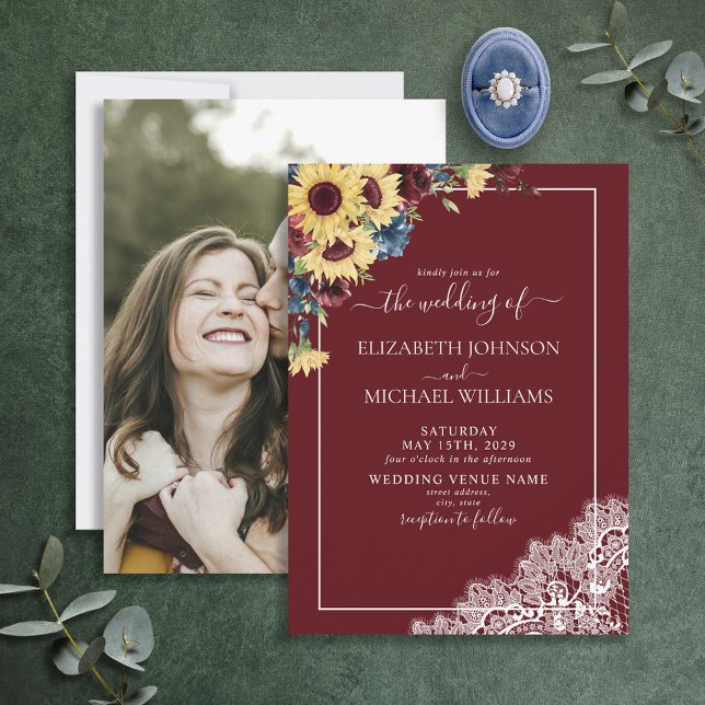 Sunflower Burgundy Navy Blue Script Photo Wedding Invitation (Creator Uploaded)