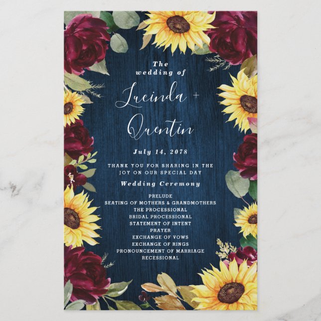 Sunflower Burgundy Navy Blue Wedding Programs (Front)