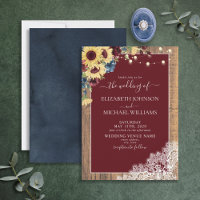 Sunflower Burgundy Navy Blue Wood Lace Wedding Inv