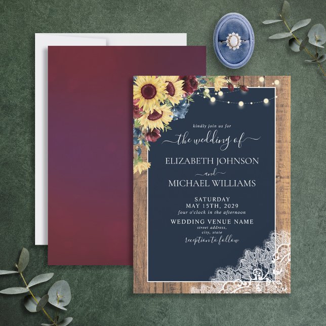 Sunflower Burgundy Navy Blue Wood Lace Wedding Inv Invitation (Creator Uploaded)