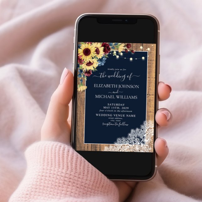 Sunflower Burgundy Navy Blue Wood Lace Wedding Inv Invitation (Creator Uploaded)