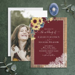 Sunflower Burgundy Navy Blue Wood Photo Wedding Invitation<br><div class="desc">Ooh, we're so happy with this trendy burgundy navy blue, rustic wedding photo invitation! Featuring hand lettered script typography, burgundy navy blue and sunflower watercolor botanical florals and a honeyed barnwood texture. This pretty wood design reminds us of a flat lay, and we feel it looks like a burgundy invitation...</div>