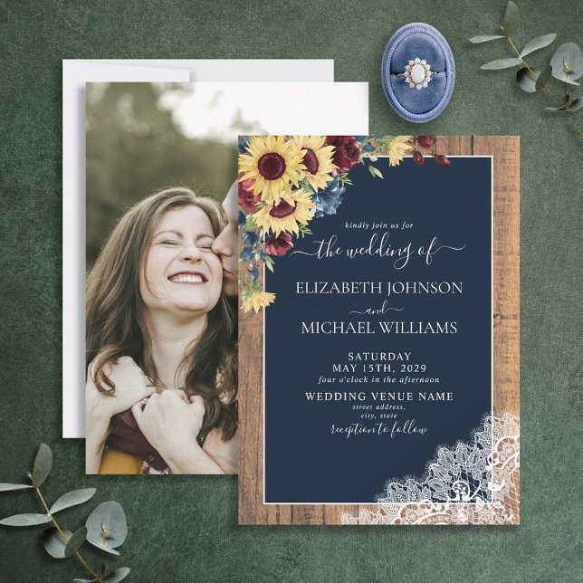 Sunflower Burgundy Navy Blue Wood Photo Wedding  Invitation (Creator Uploaded)