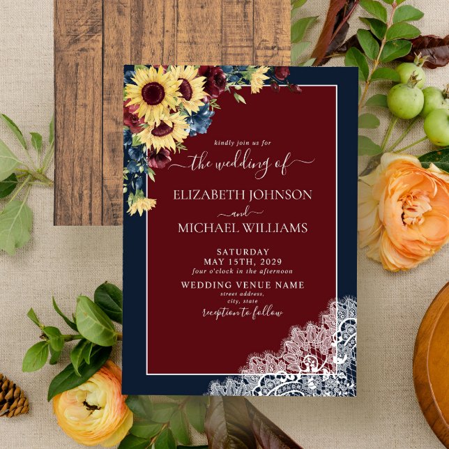 Sunflower Burgundy Navy Blue Wood Script Wedding  Invitation (Creator Uploaded)