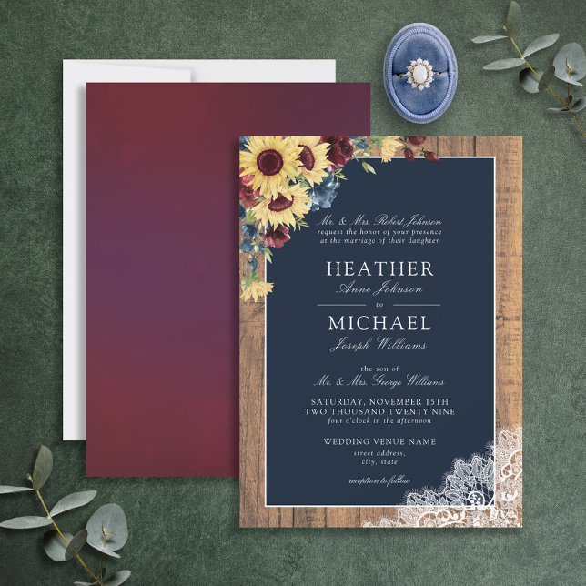 Sunflower Burgundy Navy Blue Wood Script Wedding   Invitation (Creator Uploaded)