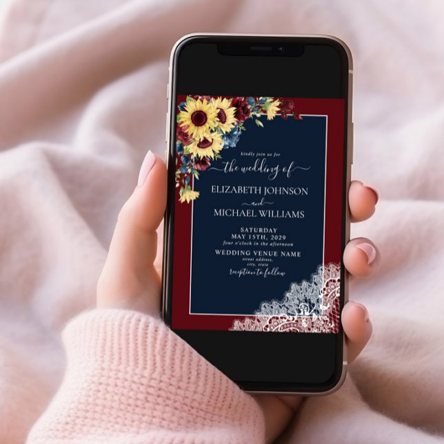 Sunflower Burgundy Navy Blue Wood Script Wedding  Invitation (Creator Uploaded)