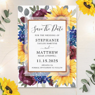 Sunflower Burgundy Navy Floral Border Wedding Save The Date