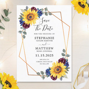 Sunflower Burgundy Navy Floral Geometric Wedding Save The Date