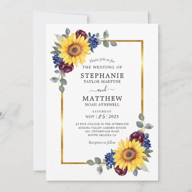 Sunflower Burgundy Navy Floral Gold Border Wedding Invitation (Front)