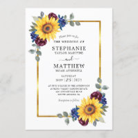 Sunflower Burgundy Navy Floral Gold Border Wedding