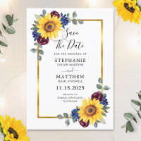 Sunflower Burgundy Navy Floral Gold Border Wedding