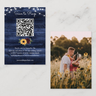 Sunflower Burgundy Navy Wood Wedding QR Code RSVP Enclosure Card