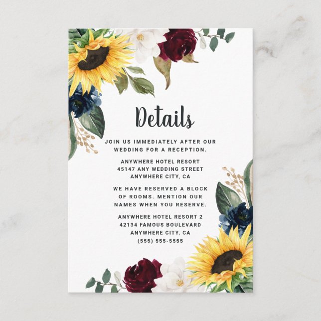 Sunflower Burgundy Red and Navy Blue Roses Wedding Enclosure Card (Front)