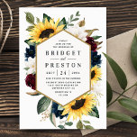 Sunflower Burgundy Red and Navy Blue Roses Wedding Invitation<br><div class="desc">Design features elegant watercolor sunflowers,  burgundy red and navy blue roses,  white magnolia and various types of greenery with a printed gold coloured frame.  Design also features a modern typography layout.  The design's back features matching elements to match the front.</div>