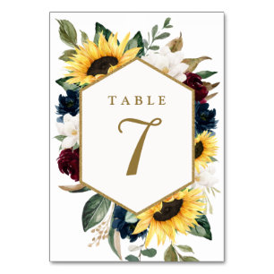 Sunflower Burgundy Red and Navy Blue Roses Wedding Table Number