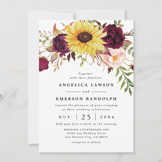 Sunflower Burgundy Red Blush Peony Rose Wedding Invitation (Front)