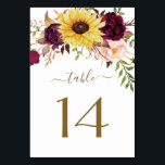 Sunflower Burgundy Red Blush Peony Rose Wedding Table Number<br><div class="desc">Design features a beautiful half wreath of watercolor sunflower,  peonies and rose floral elements in various shades of blush pink,  burgundy red,  Marsala/plum and more over painted greenery.  Font is set to a printed gold type of shade.</div>