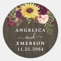 Sunflower Burgundy Red Roses Rustic Wood Wedding