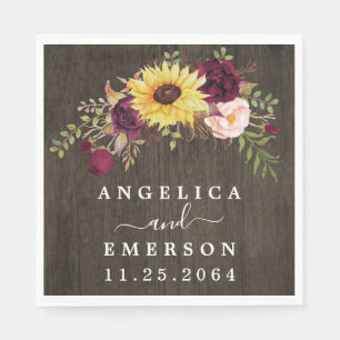 Sunflower Burgundy Red Roses Rustic Wood Wedding Napkin
