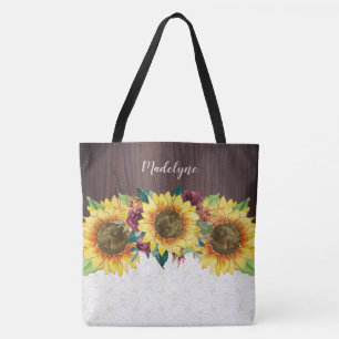 Sunflower Burgundy Rose Lace Rustic Personalised Tote Bag