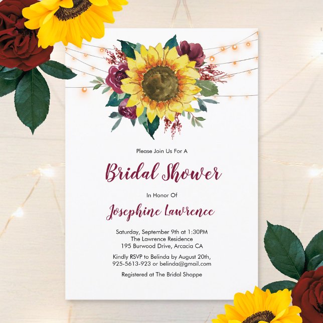 Sunflower Burgundy Rose Lights Bridal Shower Invitation (Creator Uploaded)