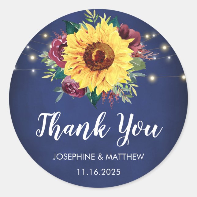 Sunflower Burgundy Rose Lights Navy Blue Thank You Classic Round Sticker (Front)