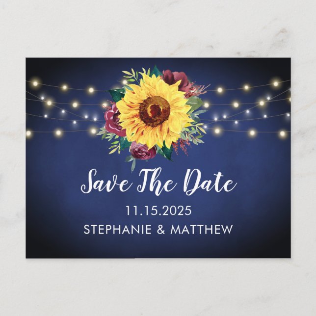 Sunflower Burgundy Rose Lights Navy Blue Wedding Announcement Postcard (Front)