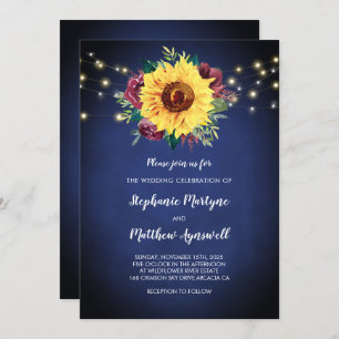 Sunflower Burgundy Rose Lights Navy Blue Wedding Invitation