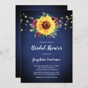 Sunflower Burgundy Rose Lights Navy Bridal Shower Invitation
