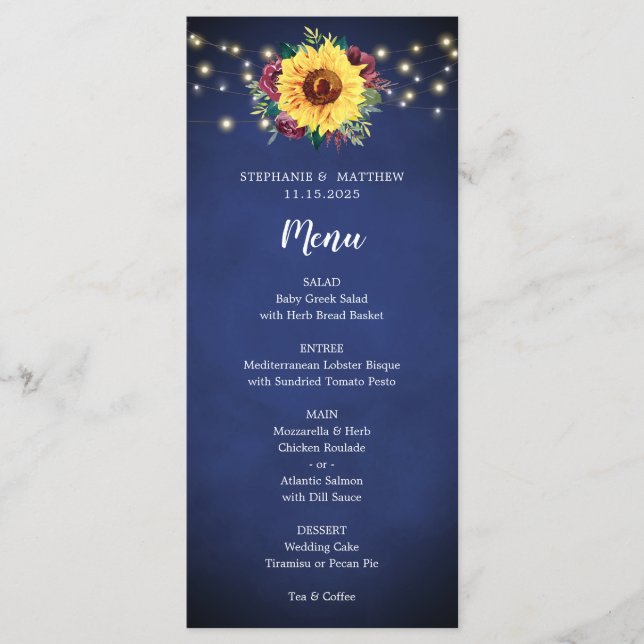 Sunflower Burgundy Rose Lights Navy Wedding Menu (Front)