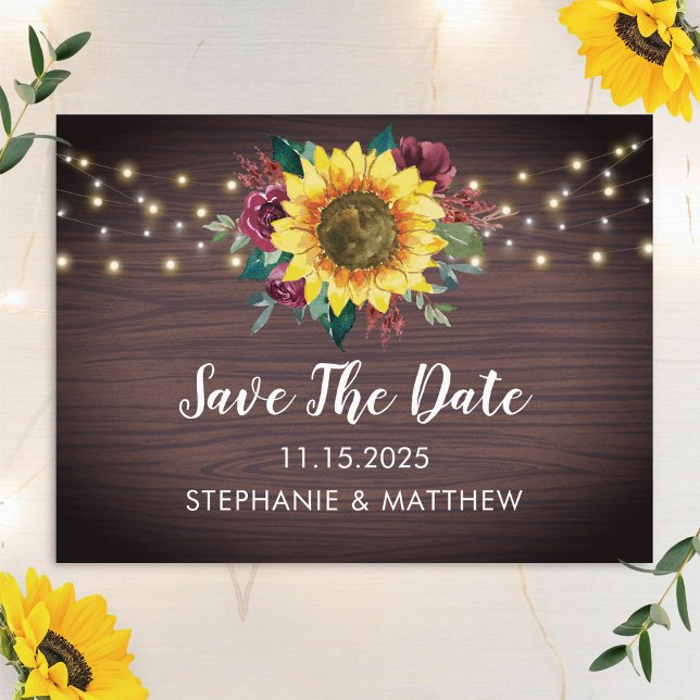 Sunflower Burgundy Rose Lights Wood Save The Date Announcement Postcard (Creator Uploaded)