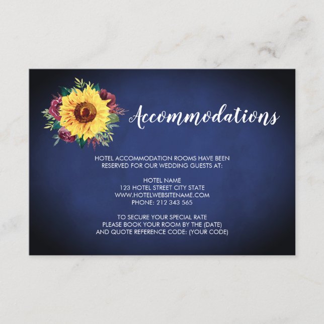 Sunflower Burgundy Rose Navy Wedding Accommodation Enclosure Card (Front)