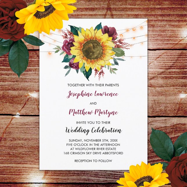 Sunflower Burgundy Rose String Lights Fall Wedding Invitation (Creator Uploaded)