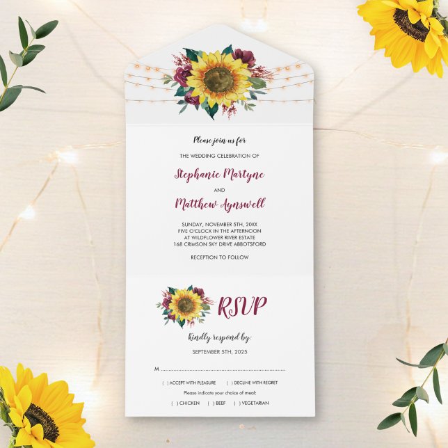 Sunflower Burgundy Roses Lights Floral Wedding All In One Invitation (Creator Uploaded)