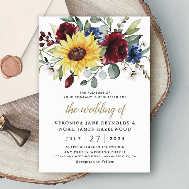 Sunflower Burgundy Roses Navy Blue Rustic Wedding Invitation (Creator Uploaded)